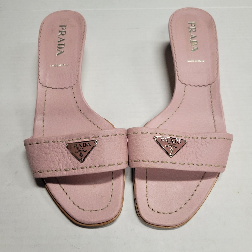Vintage PRADA Daino Mule Shoes Baby Pink Low Heel Slide Sandals 37 - Picture 4 of 12